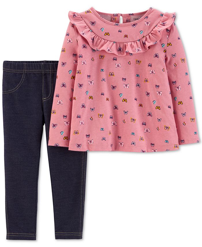 Conjunto Carter's Infantil Menina 2 Peças Blusa Estampada Borboleta e Leggings Jeans Rosa Tamanho 4T