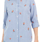 Camisa feminina listrada de algodão bordada Charter Club, azul e branca, tamanho pequeno P