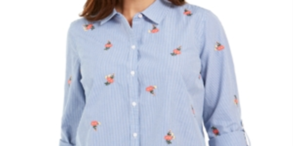 Camisa feminina listrada de algodão bordada Charter Club, azul e branca, tamanho pequeno P