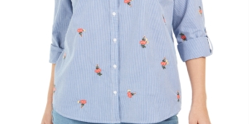 Camisa feminina listrada de algodão bordada Charter Club, azul e branca, tamanho pequeno P