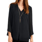 JM Collection Blusa feminina lisa com decote em V e colar, preta, tamanho pequeno