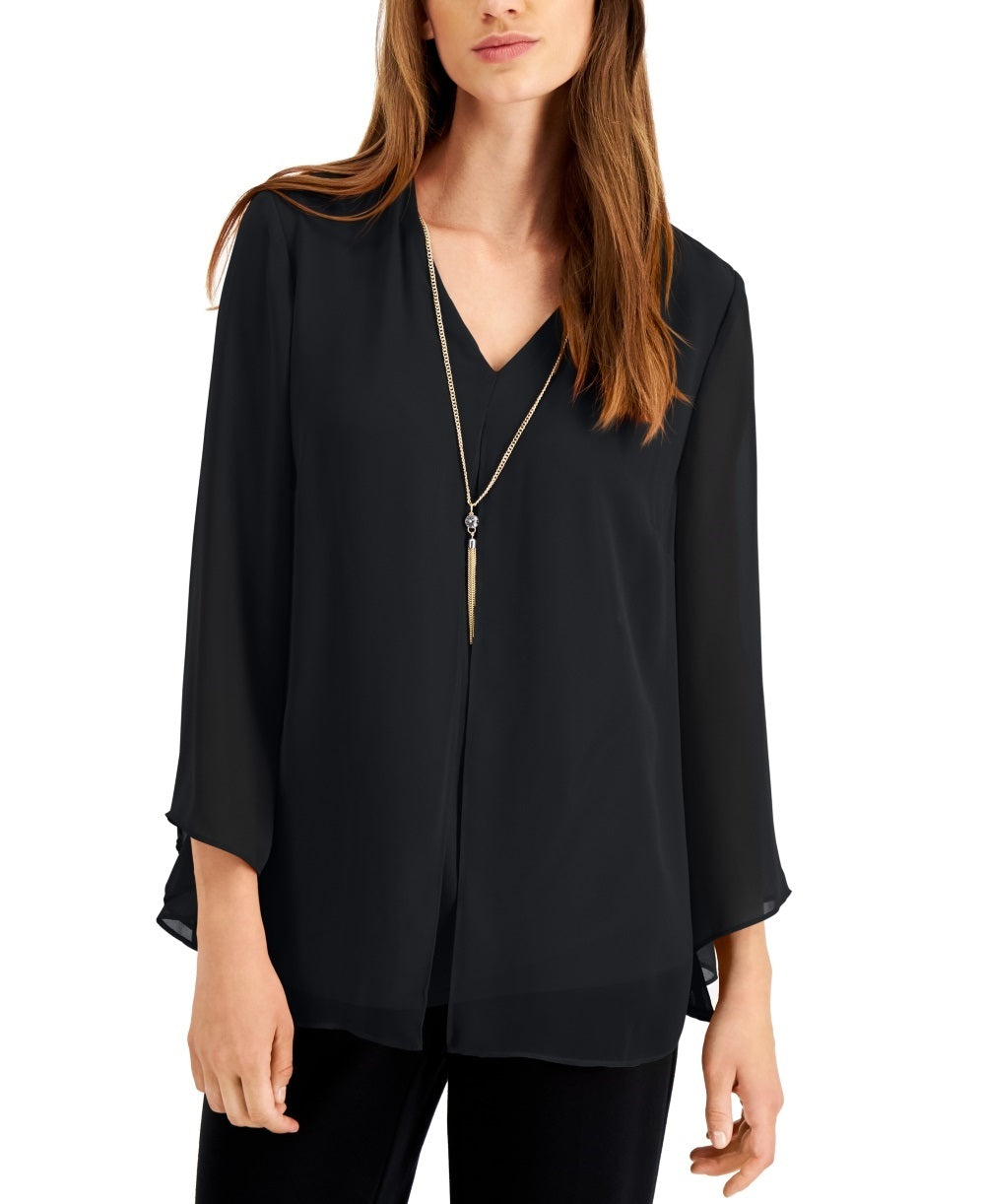 JM Collection Blusa feminina lisa com decote em V e colar, preta, tamanho pequeno