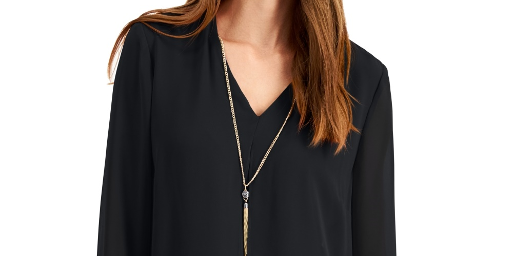 JM Collection Blusa feminina lisa com decote em V e colar, preta, tamanho pequeno