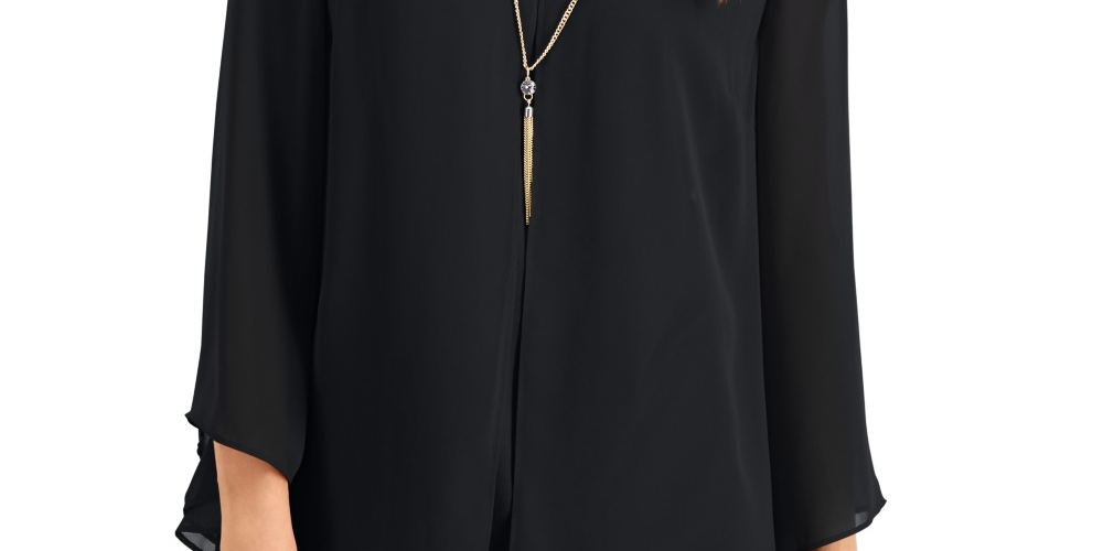JM Collection Blusa feminina lisa com decote em V e colar, preta, tamanho pequeno