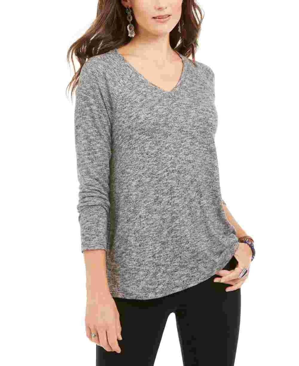 Blusa feminina de malha mesclada com decote em V, preta, tamanho médio