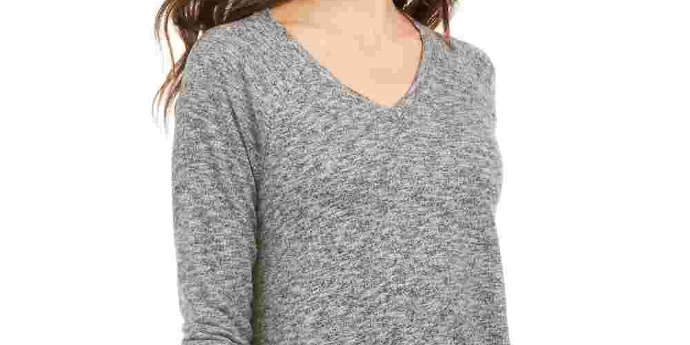 Blusa feminina de malha mesclada com decote em V, preta, tamanho médio