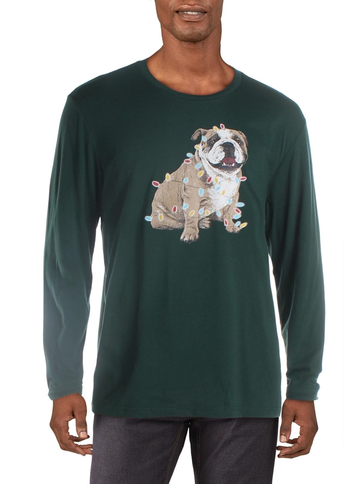 Camiseta masculina com estampa de buldogue natalino, verde escuro, tamanho grande, Club Room