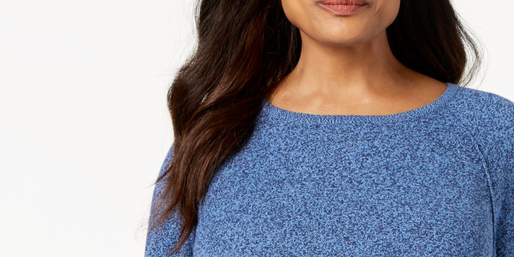 Camiseta feminina Karen Scott de manga comprida com gola redonda e estampa de joias, azul, tamanho pequeno e pequeno