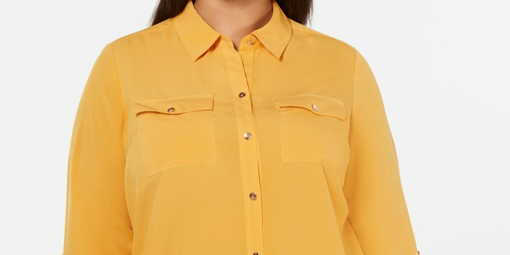 Camisa feminina plus size com botões frontais Charter Club, dourada, tamanho 3X