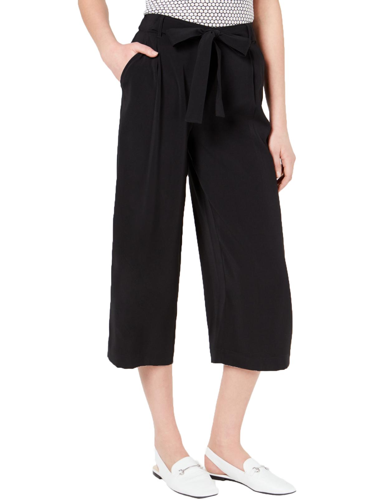 Calça feminina Maison Jules com prega única e amarração frontal, perna larga, preta, tamanho XX-S
