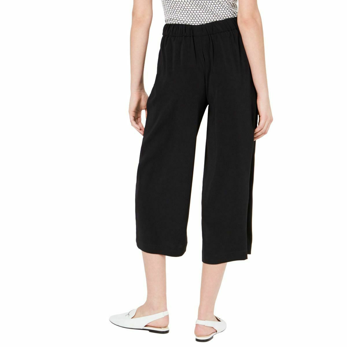 Calça feminina Maison Jules com prega única e amarração frontal, perna larga, preta, tamanho XX-S