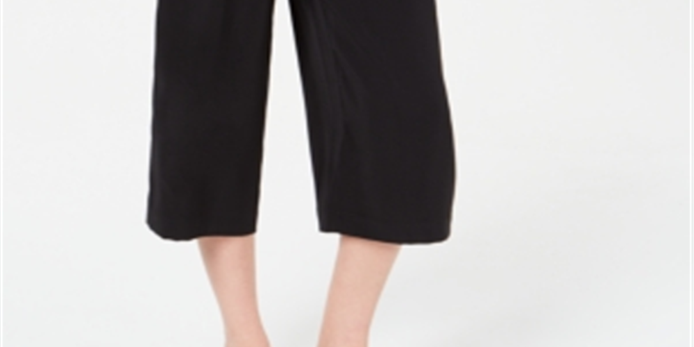 Calça feminina Maison Jules com prega única e amarração frontal, perna larga, preta, tamanho XX-S