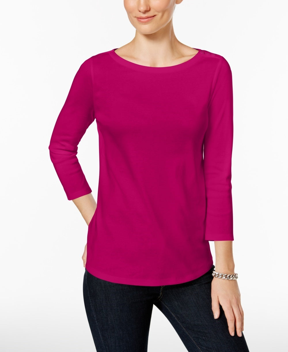 Charter Club Petite Pima Cotton Top com botões e ombros de fora, rosa escuro, tamanho pequeno
