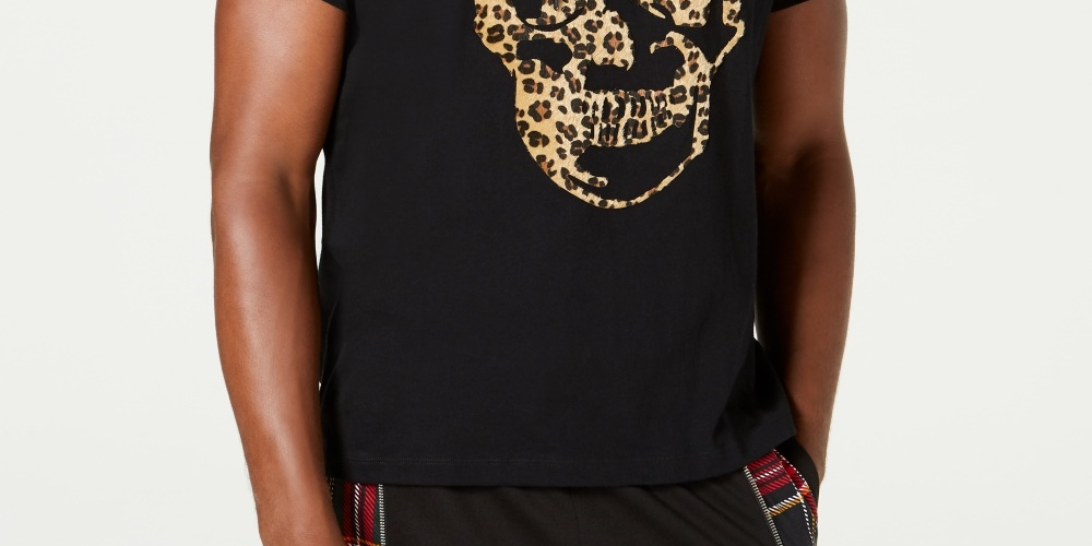 Camiseta masculina com estampa de leopardo e caveira da INC International Concepts, preta, tamanho médio
