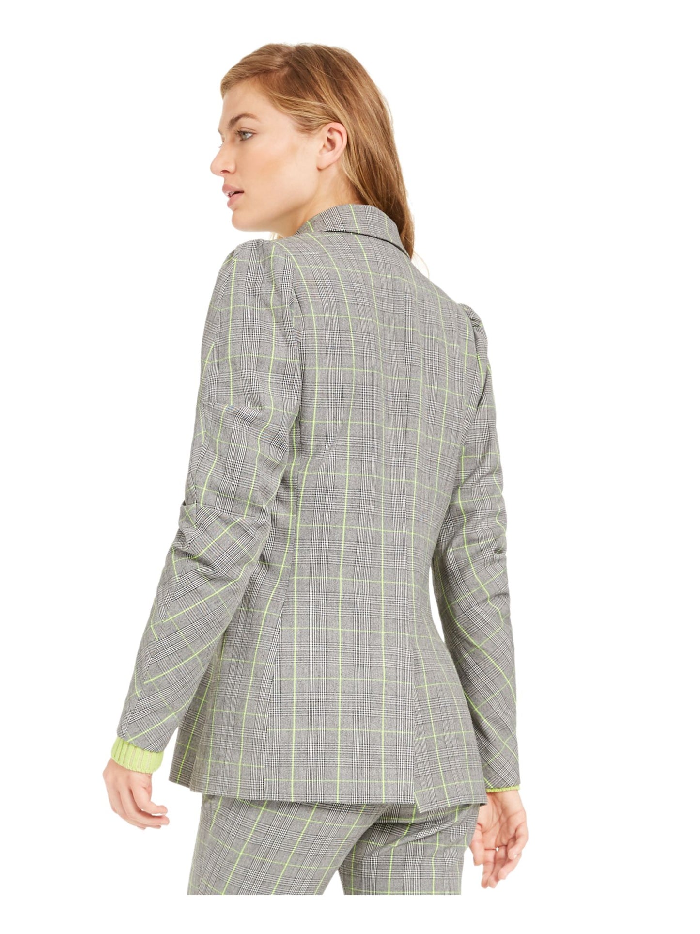 Blazer xadrez trespassado feminino Bar III para usar no trabalho, jaqueta cinza, tamanho médio