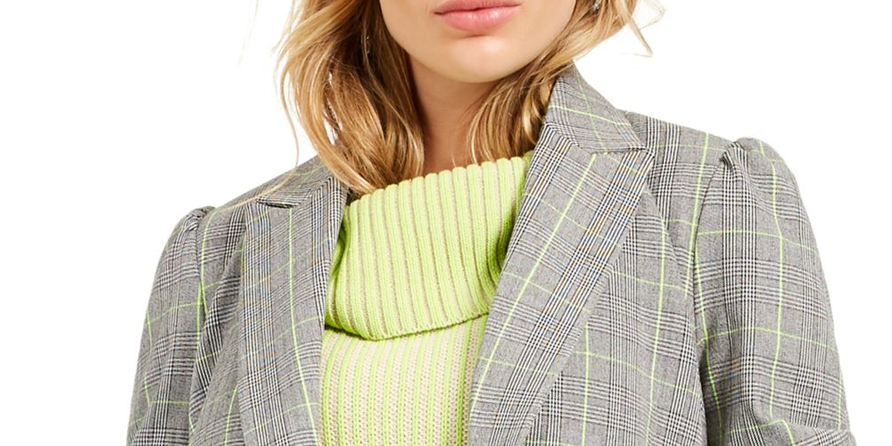 Blazer xadrez trespassado feminino Bar III para usar no trabalho, jaqueta cinza, tamanho médio