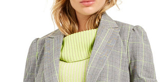 Blazer xadrez trespassado feminino Bar III para usar no trabalho, jaqueta cinza, tamanho médio