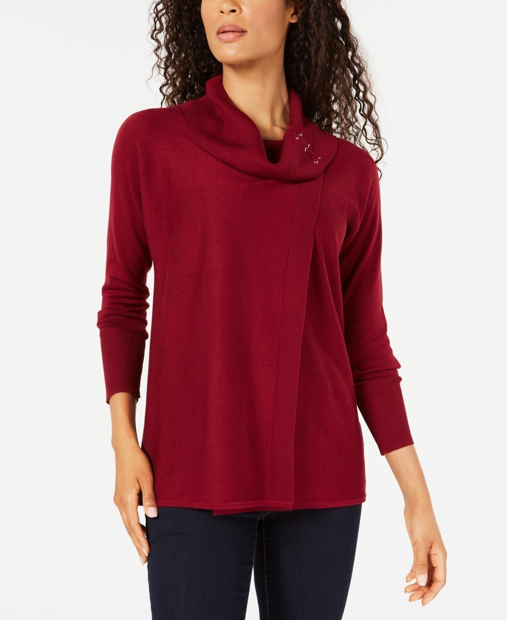 Suéter feminino JM Collection com gola alta e capuz, tamanho pequeno, vermelho