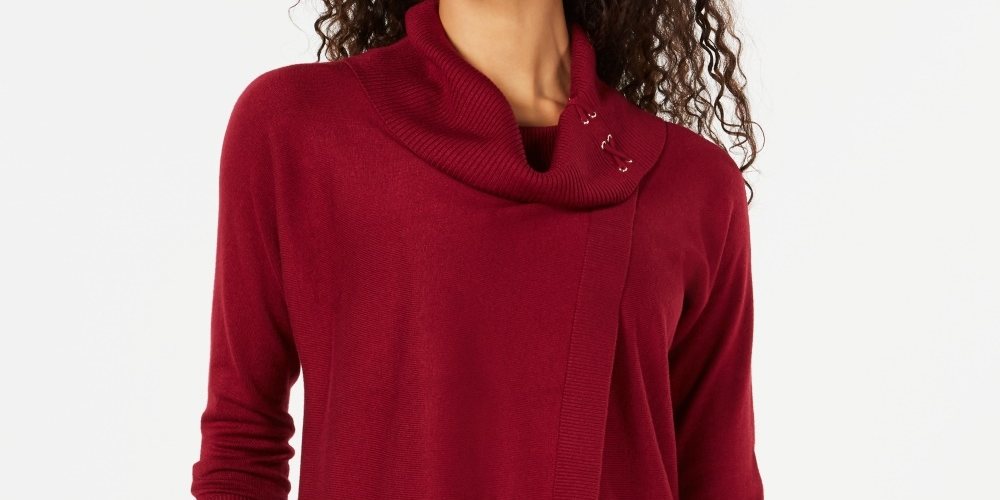 Suéter feminino JM Collection com gola alta e capuz, tamanho pequeno, vermelho