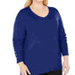 Camiseta feminina lisa de manga comprida e decote redondo JM Collection, azul, tamanho 1X