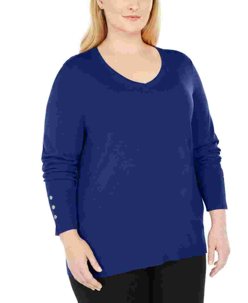 Camiseta feminina lisa de manga comprida e decote redondo JM Collection, azul, tamanho 1X