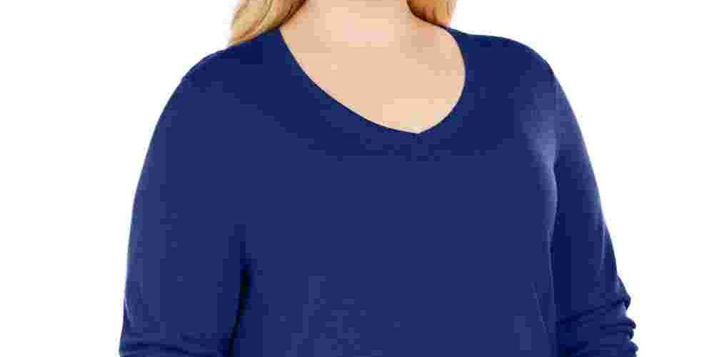 Camiseta feminina lisa de manga comprida e decote redondo JM Collection, azul, tamanho 1X