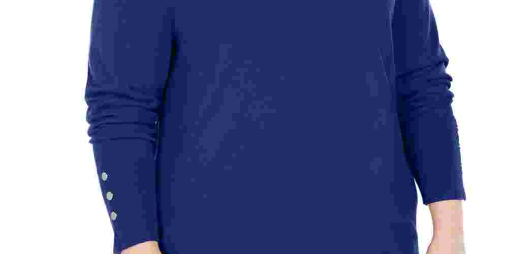 Camiseta feminina lisa de manga comprida e decote redondo JM Collection, azul, tamanho 1X