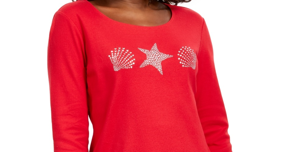 Karen Scott Blusa Feminina Pequena com Estampa de Concha Vermelha Brilhante Tamanho Pequeno Médio