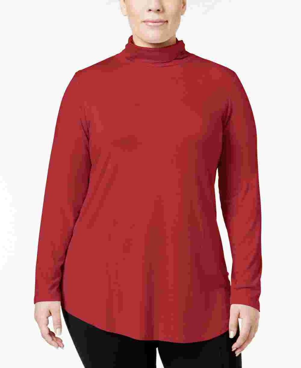 Blusa feminina JM Collection vermelha lisa, manga comprida, gola alta, tamanho 2X