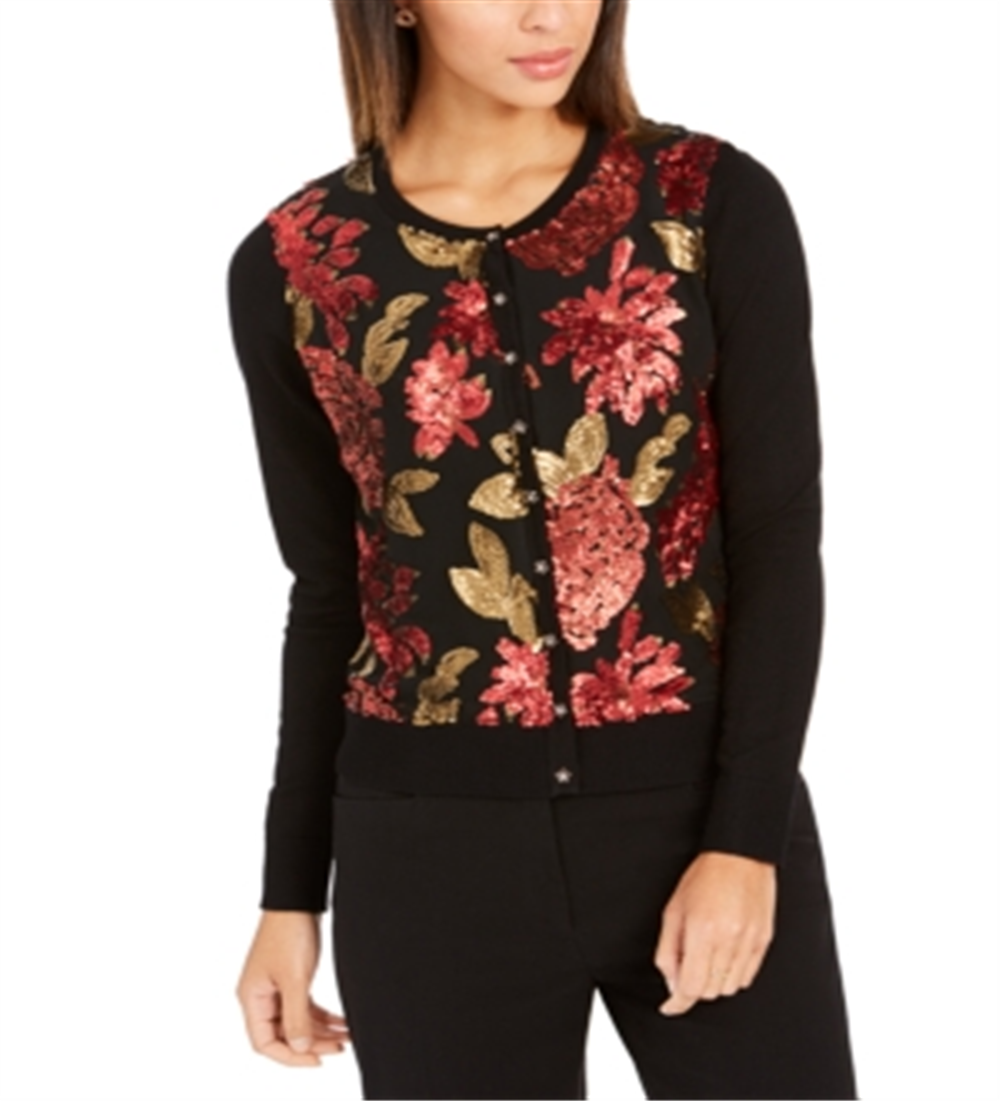 Cardigan feminino bordado com lantejoulas Charter Club, preto, multifloral, tamanho pequeno P