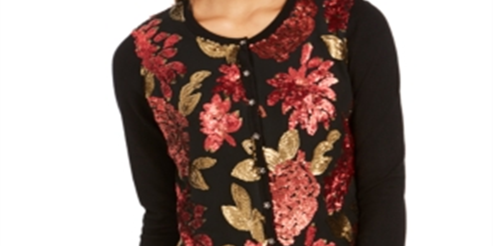Cardigan feminino bordado com lantejoulas Charter Club, preto, multifloral, tamanho pequeno P