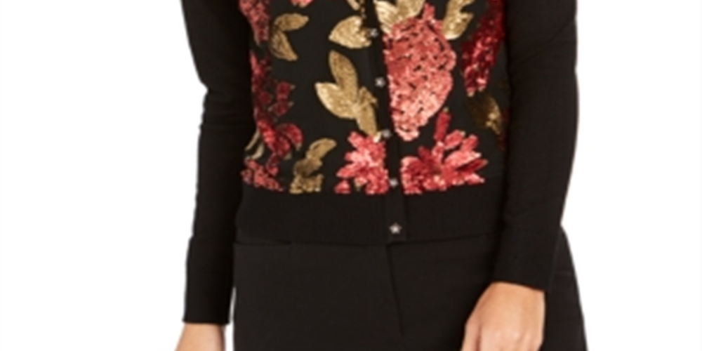 Cardigan feminino bordado com lantejoulas Charter Club, preto, multifloral, tamanho pequeno P