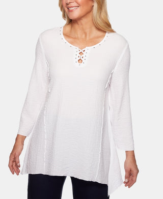 Alfred Dunner Top Feminino com Acabamento em Treliça Cravejada, Branco, Tamanho Pequeno, Extra Grande