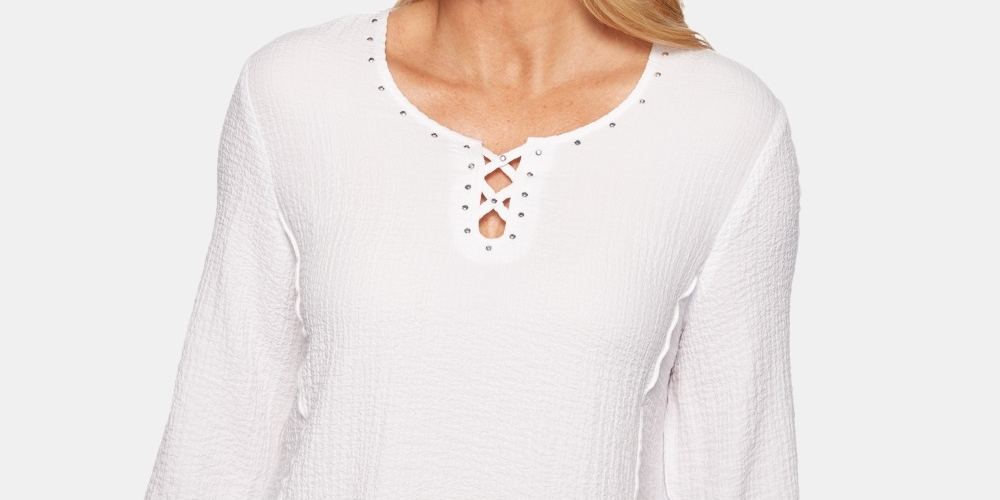 Alfred Dunner Top Feminino com Acabamento em Treliça Cravejada, Branco, Tamanho Pequeno, Extra Grande