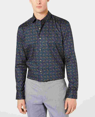 Camisa social masculina Bar III de algodão com gola gráfica e ajuste fino, fácil de cuidar, azul, tamanho 15,5 x 32-33