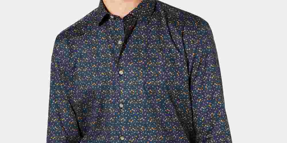 Camisa social masculina Bar III de algodão com gola gráfica e ajuste fino, fácil de cuidar, azul, tamanho 15,5 x 32-33