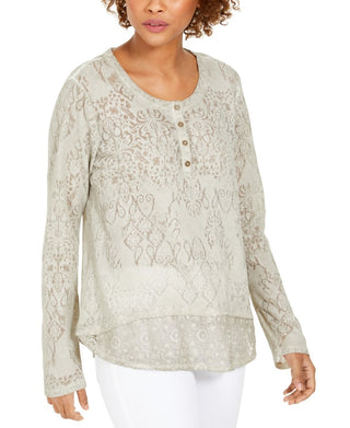 Top Henley de renda feminino Style &amp; Co, cinza, tamanho grande