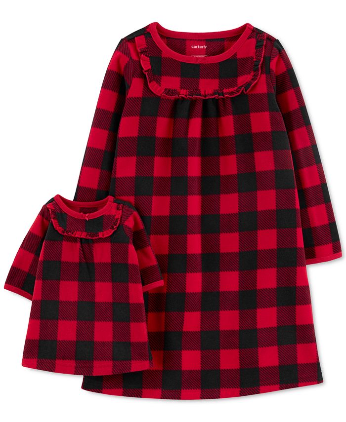 Conjunto de camisola e vestido de boneca Carters Toddler Girls Buffalo Plaid Fleece, tamanho 5T, vermelho