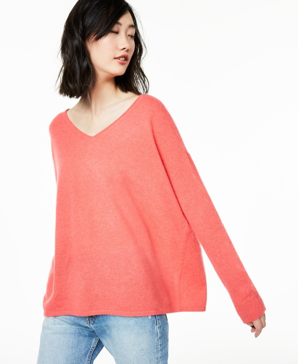 Suéter feminino de cashmere puro com decote em V Charter Club, vermelho, tamanho pequeno
