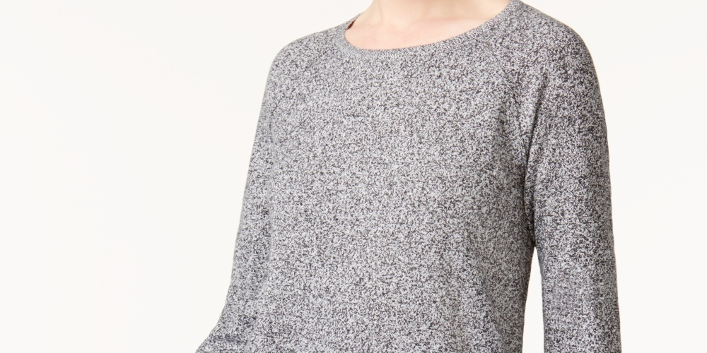 Camiseta feminina Karen Scott com gola redonda e manga comprida mesclada, tamanho PI