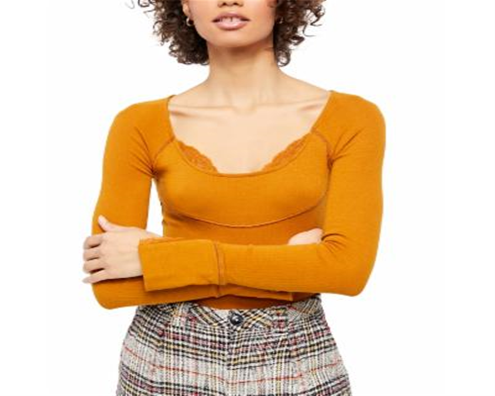 Blusa feminina com nervuras e renda Bit of Lace da Free People, marrom, tamanho médio