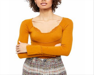 Blusa feminina com nervuras e renda Bit of Lace da Free People, marrom, tamanho médio