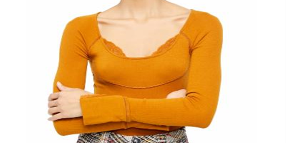 Blusa feminina com nervuras e renda Bit of Lace da Free People, marrom, tamanho médio