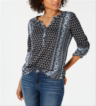 Blusa feminina com mangas bufantes e estampa estilo &amp; co, preta, tamanho PP
