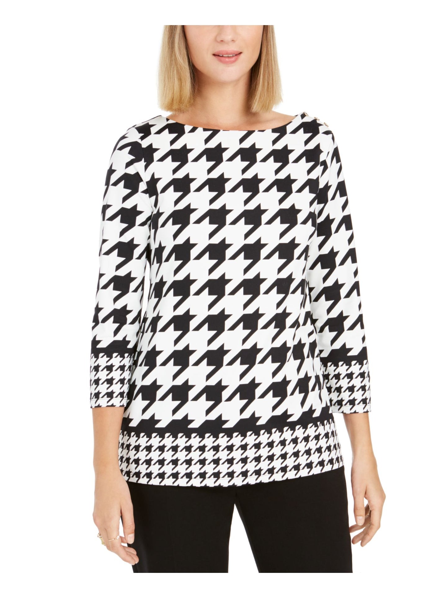 Charter Club Top Feminino Pied de Poule Manga 3/4 Gola Joia Preto Tamanho Pequeno GG