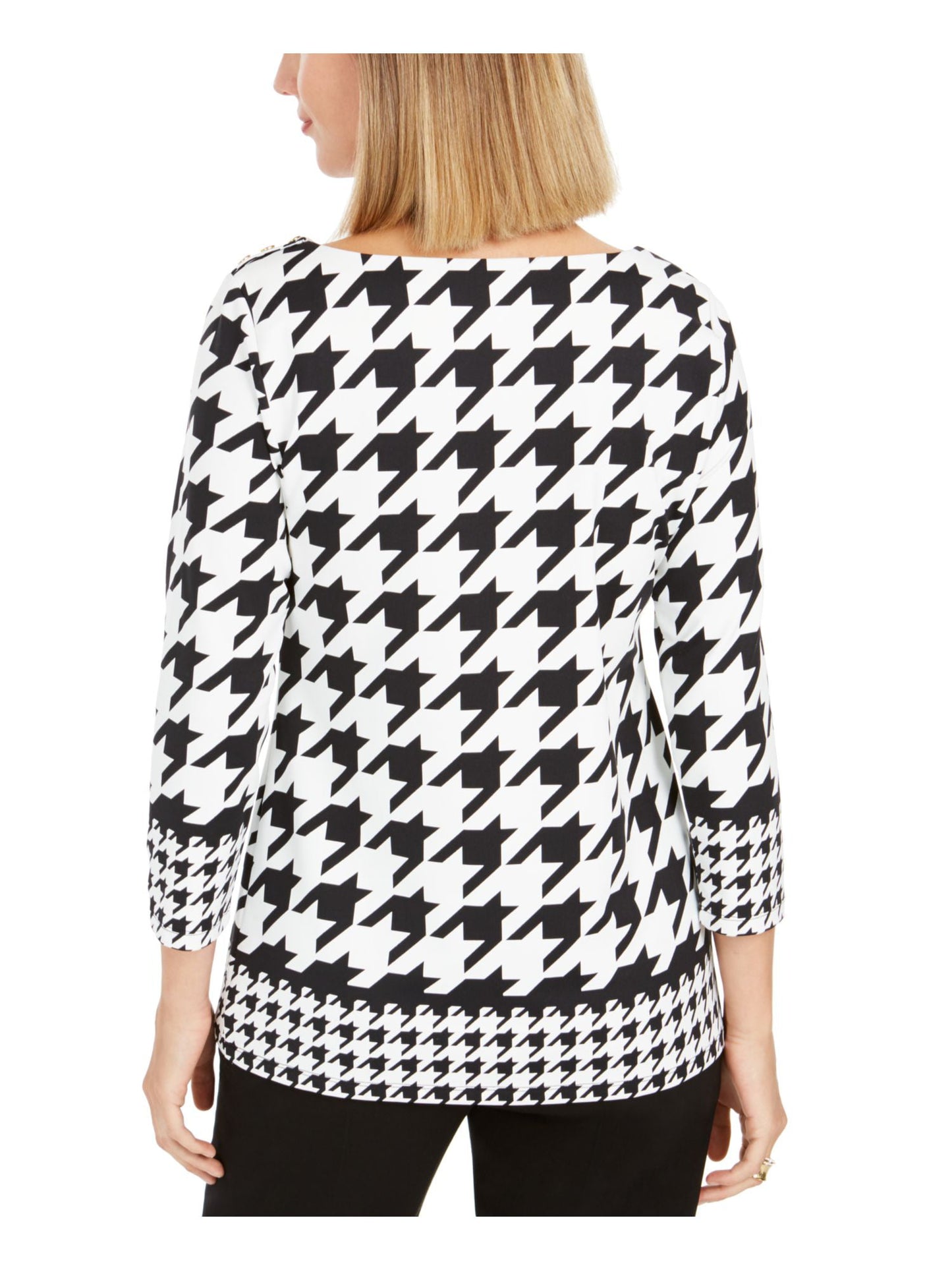 Charter Club Top Feminino Pied de Poule Manga 3/4 Gola Joia Preto Tamanho Pequeno GG