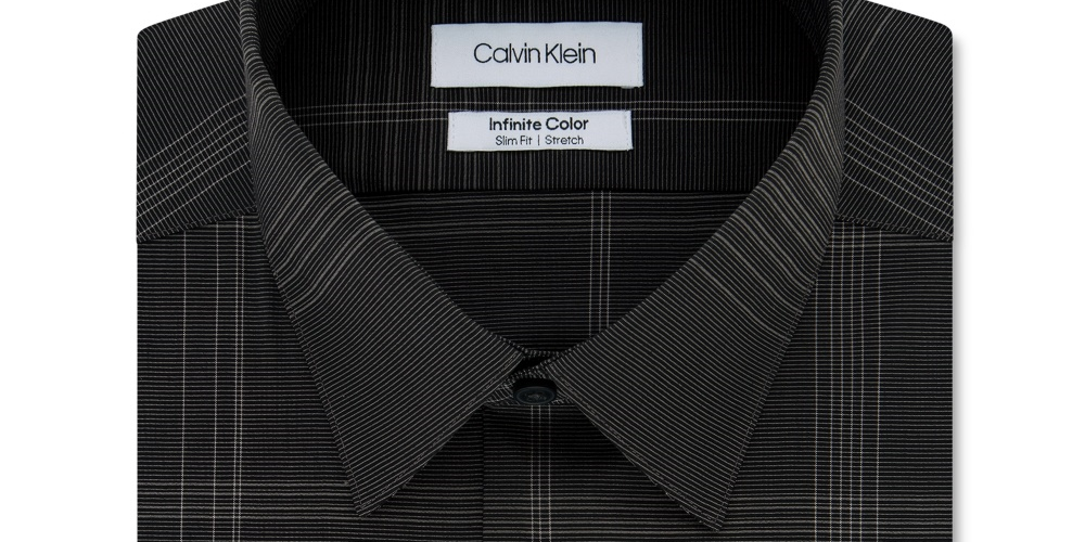Camisa social masculina Calvin Klein Infinite Color Slim Fit, sem passar, com estampa xadrez elástica, tamanho cinza, 18x34x35