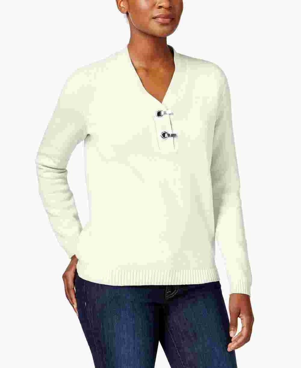 Karen Scott Suéter Feminino Manga Longa Gola V Embelezado Branco Tamanho X-G