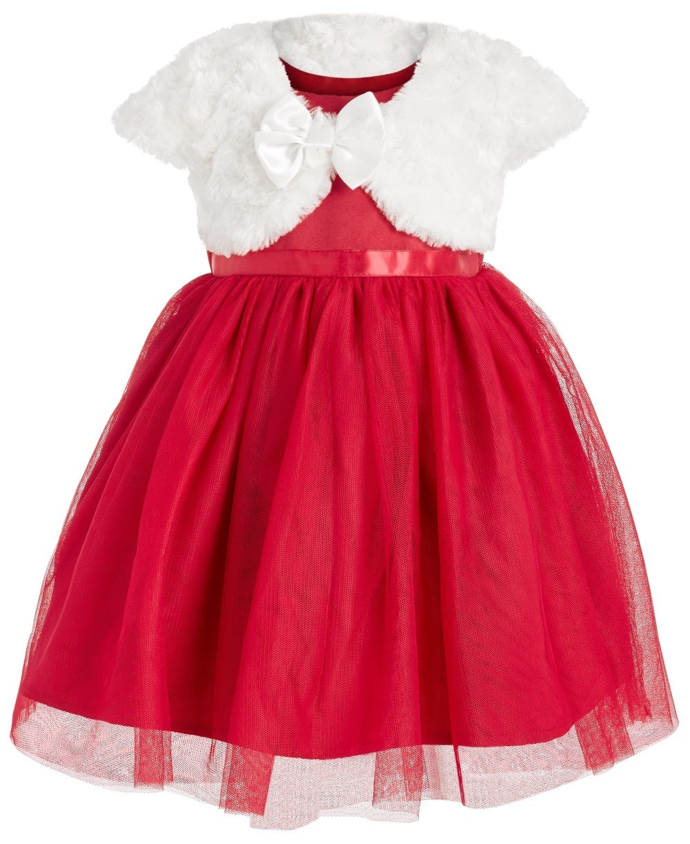 Conjunto de vestido de tule e ombros de ombros de pele sintética infantil Blueberi Boulevard para meninas, tamanho 3-6, vermelho