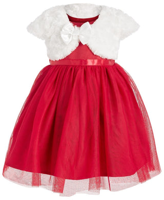 Conjunto de vestido de tule e ombros de ombros de pele sintética infantil Blueberi Boulevard para meninas, tamanho 3-6, vermelho